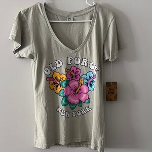 Olive Green V-Neck Floral Graphic Tee